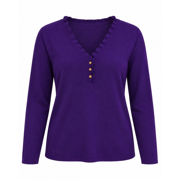 Lauren Ralph Lauren Tops - Lauren Ralph Lauren Purple Ruffle V-Neck Henley Sweater 2X Cotton Knit Top